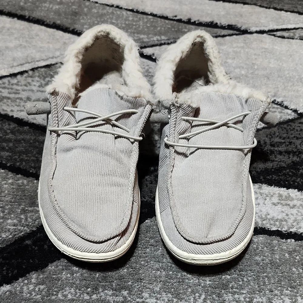 HEYDUDE WENDY GRAY CORDUROY FAUX-FUR ELASTIC LACES SLIP-ON SHOES 8